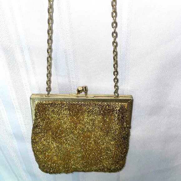 Vintage Walborg Hand Beaded Gold Evening Bag Hong Kong Chain Strap - Picture 5 of 8